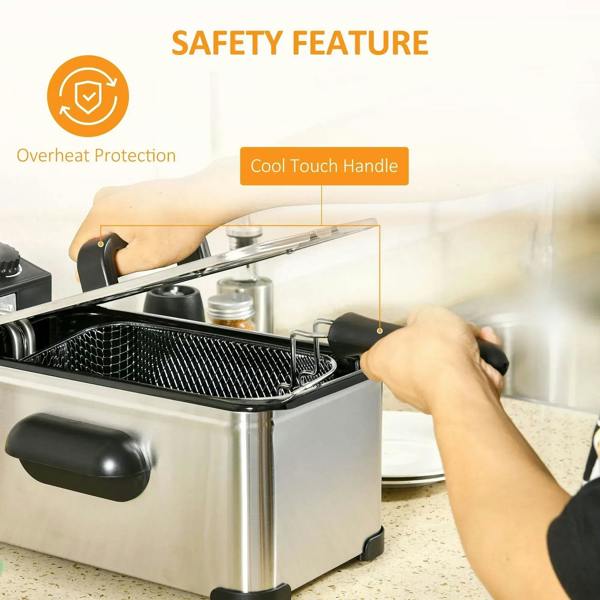 Stainless steel deep fat fryer with open basket and cool-touch handle, safety design