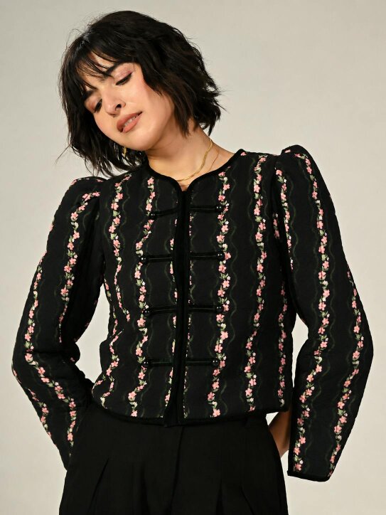 Rose & Nancy Queenie Black Floral Print Velvet Trim Military Jacket