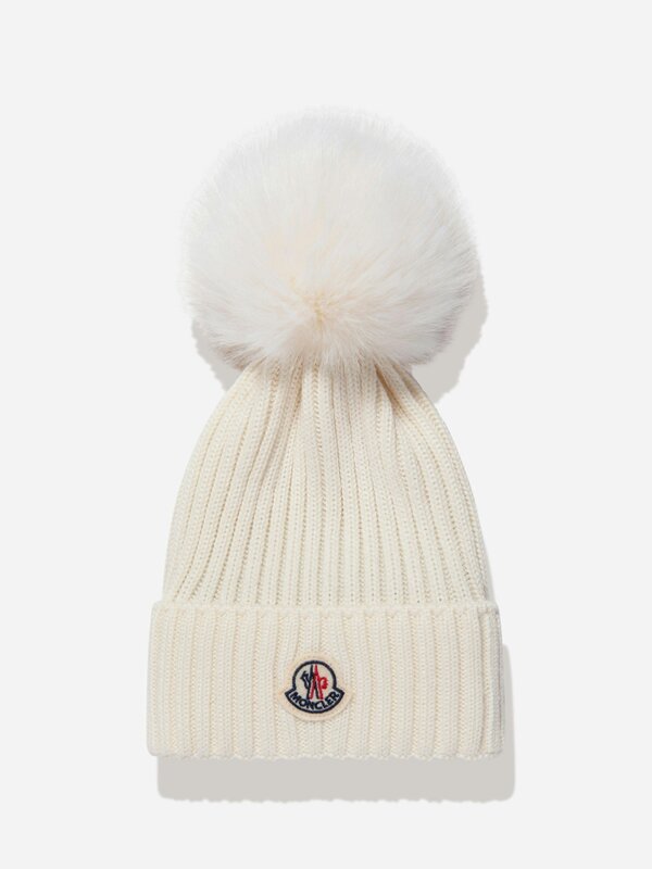 Moncler Enfant Girls Beanie with Faux Fur Pom Pom in Ivory