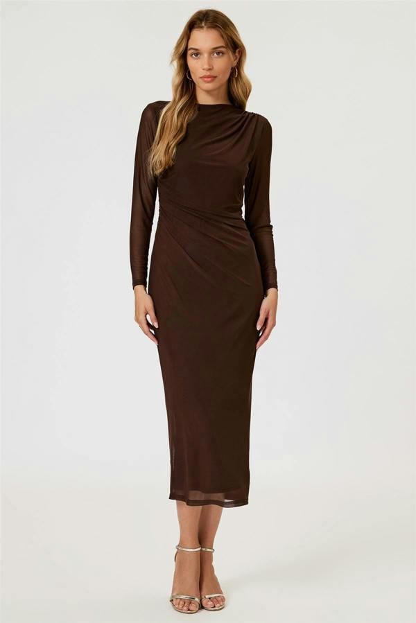 FS Collection Long Sleeves Mesh Midi Dress In Brown