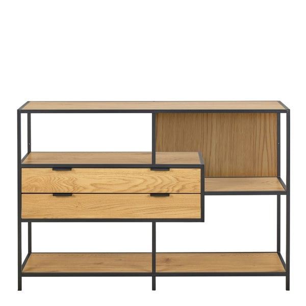 Furniture To Go Seaford Wide Oak Metal Bookcase 2 Drawers and 3 Shelves in Matt Wild Oak