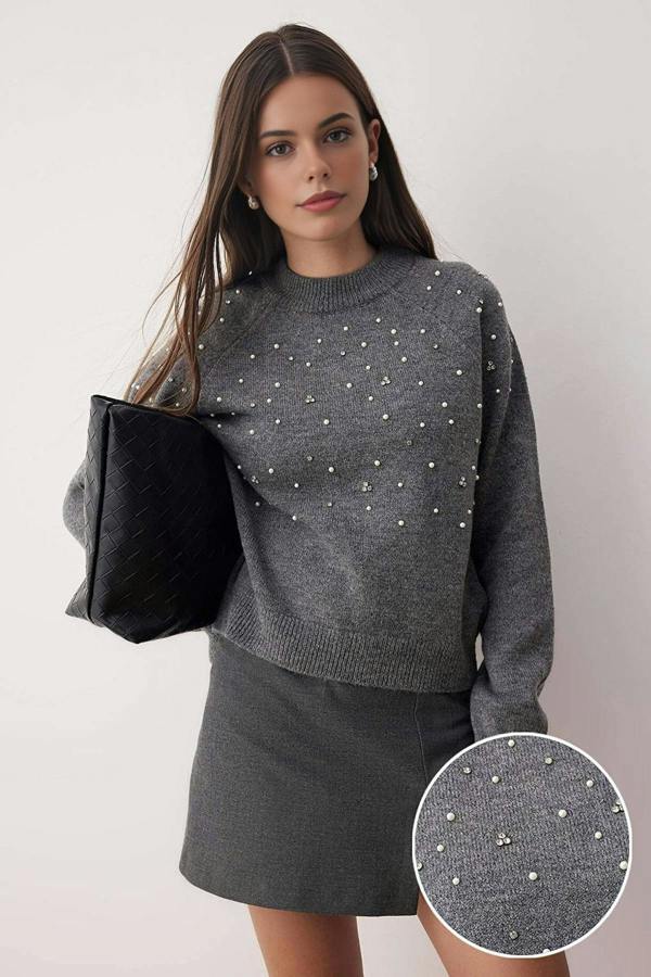WOVCOR Soft Textured Knit Sweater with Stone and Pearl Details