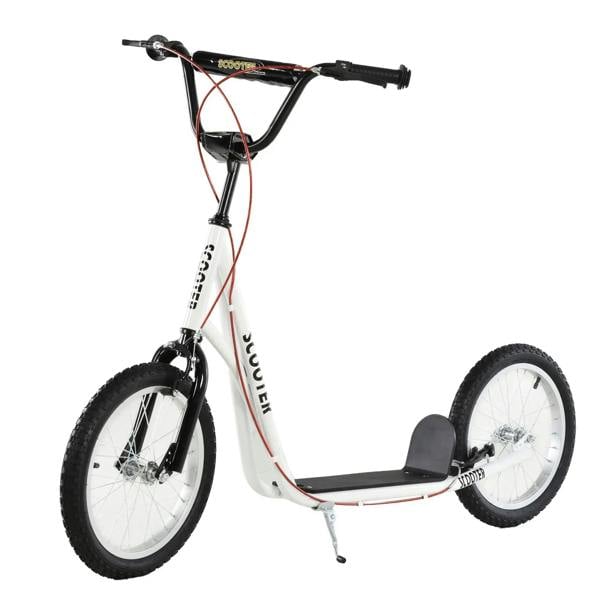 White kids kick scooter with black handlebars and deck, front and rear wheels