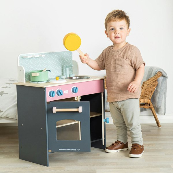 Bigjigs Toys Wooden Simply Scandi Play Kitchen - Includes Pots And Utensils