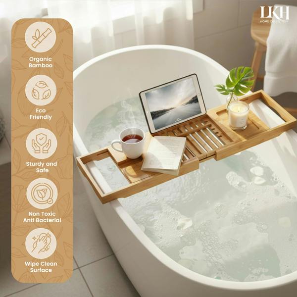 LKH HOME COLLECTION LKH Expandable Bamboo Bath Tray Caddy - Bathtub Rack with Wine Glass Holder, Mobile, Tablet & Book Stand - Retractable & Foldable