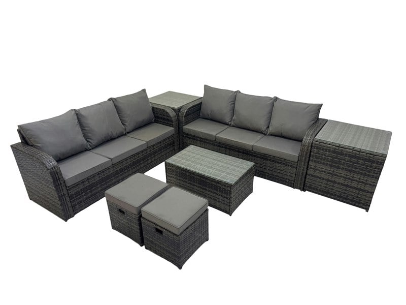 Fimous Outdoor 3 Seater Sofa Coffee Table Set Garden Rattan Furniture Set 8 Seater with 2 Small Stools 2 Side Tables Dark Grey