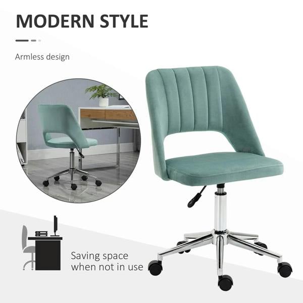 Green velvet armless office chair with scalloped mid-back, padded seat, and swivel base