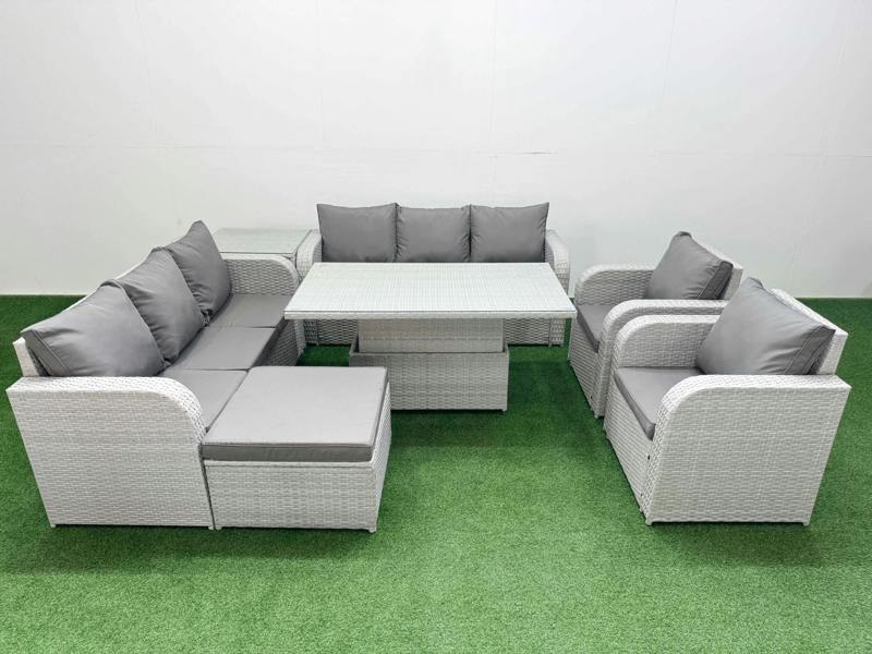 Fimous PE Rattan High Back Patio Sofa Set, Adj Height Table, 3 Seater Sofa, Reclining Chair, Big Footstool and Side Table, Light Grey