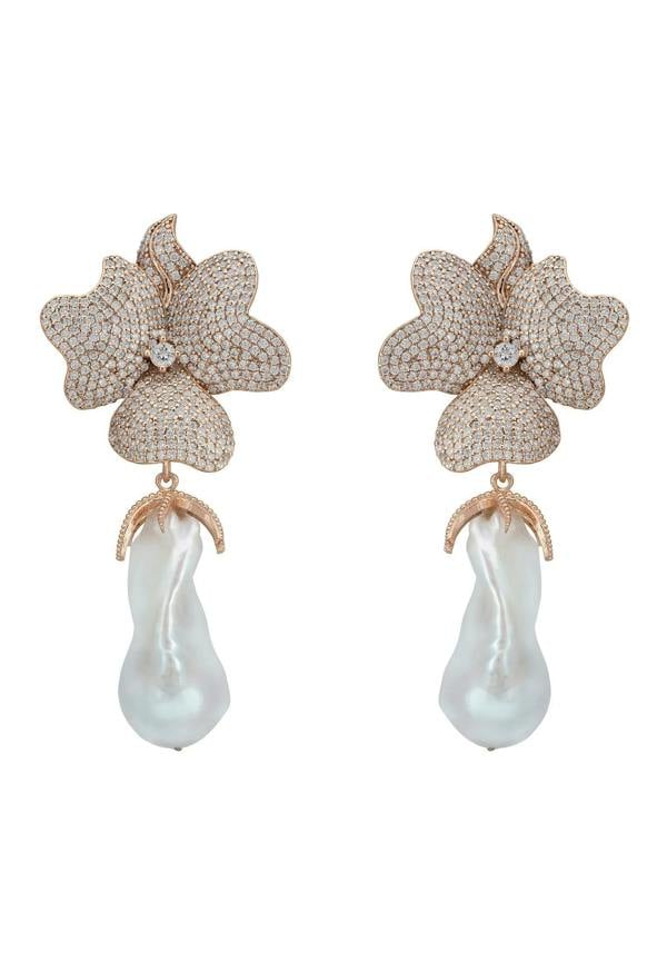 Large pearl and rose gold flower earrings.
