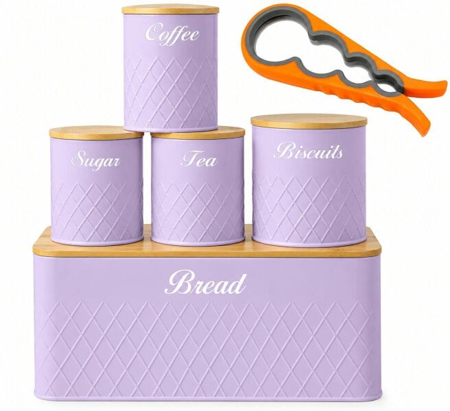 ATEK 5 Piece Kitchen Canister Set Bamboo Lids Tea Coffee Sugar Biscuits Bread Purple