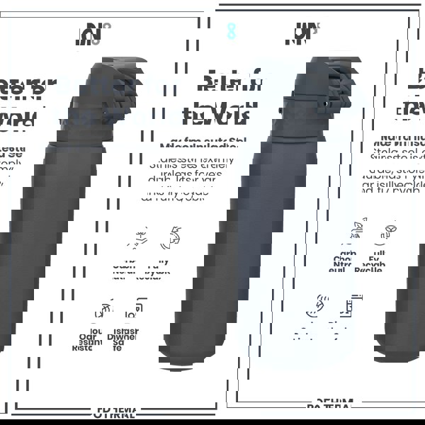 A dark-grey insulated steel water bottle sits on a white background; it is durable, recyclable, dishwasher safe, and odour resistant.