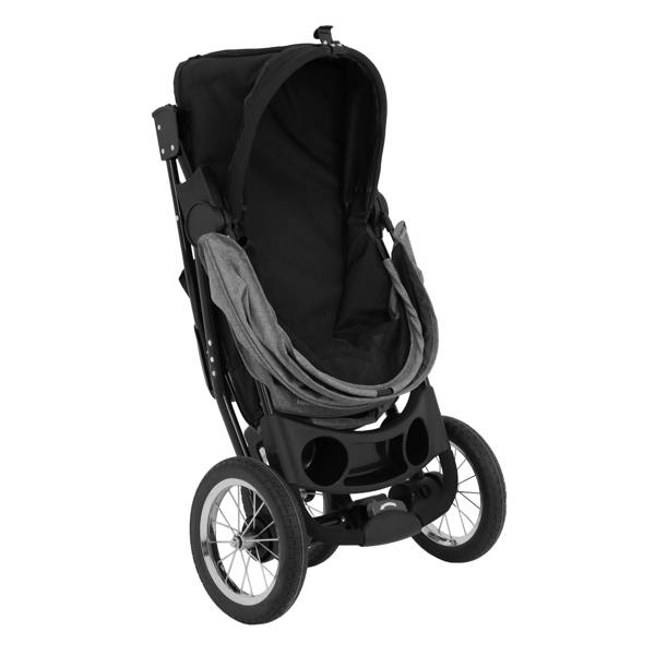 Grey pet jogger with a spacious, padded seat, large canopy, and sturdy wheels for smooth outdoor adventures