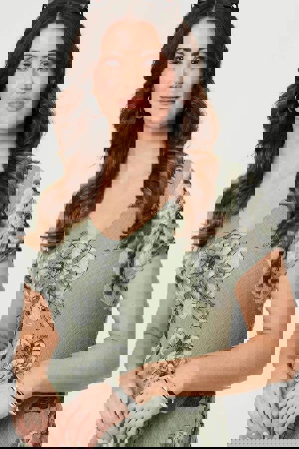 Khaki | Floral Frilled Hem Knee Length Dress