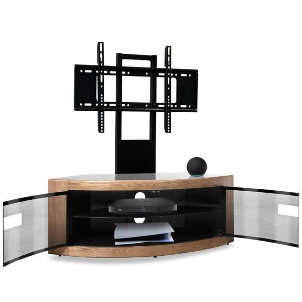 Homeology PANGEA Black/Oak Beam-Thru Curved True-Corner 32"-50" TV Cabinet with Mounting Arm