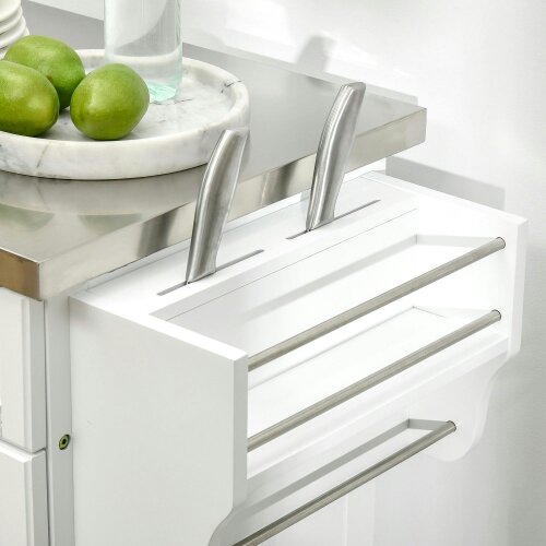 Wyld Haus Nenapa Wooden White Kitchen Island On Wheels With Stainless Steel Top Drawer And Side Rack