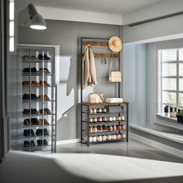Modcraft Industrial Coat Stand with Shoe Storage - Hall Tree with 9 Hooks