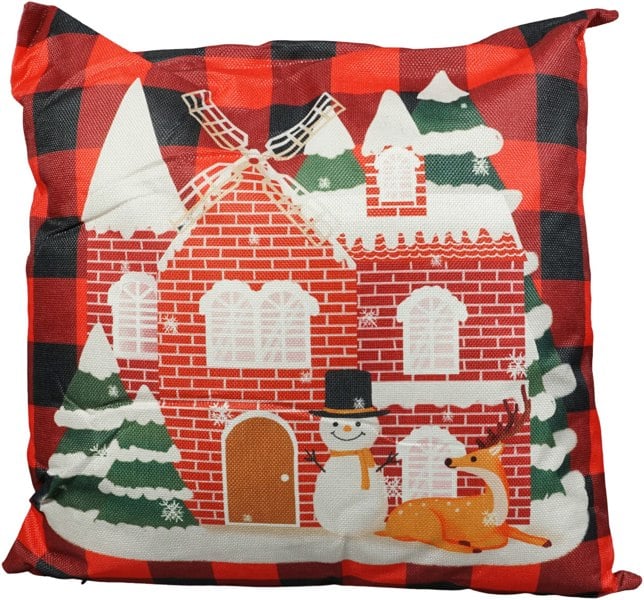Xmas Haus Christmas Cushion, Black/Red Plaid House 45x45cm