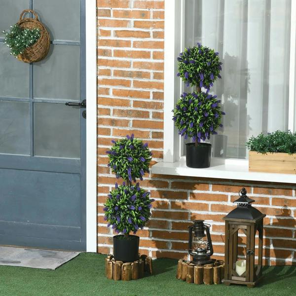 Set of 2 artificial lavender flower ball trees in black pots for outdoor display