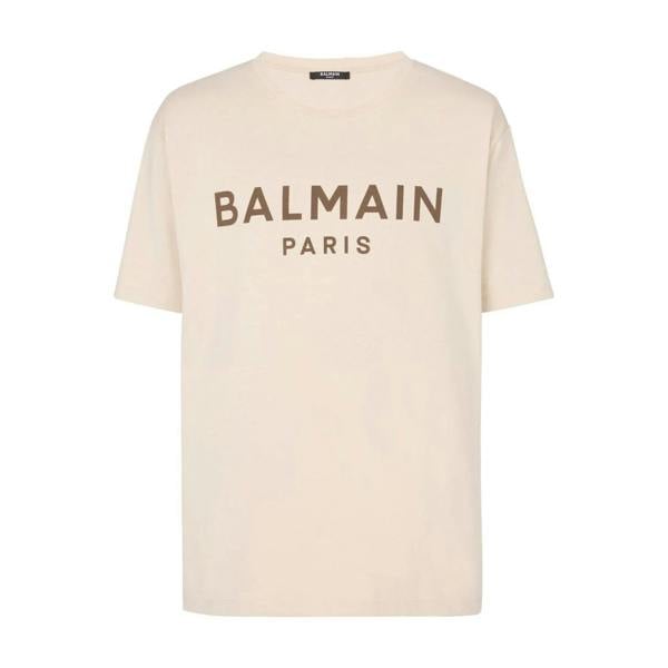 Balmain Logo Print Ivory Brown T-Shirt   in  Light Natural