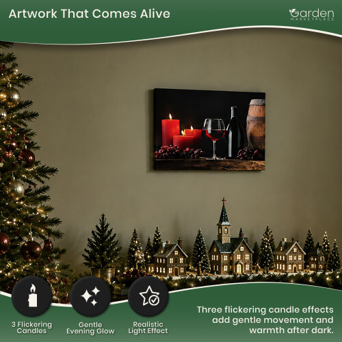 Barrel, Wine and Candles Christmas Canvas Print with LED Lights, 3 Flickering Candle Effects, 40 x 30 cm