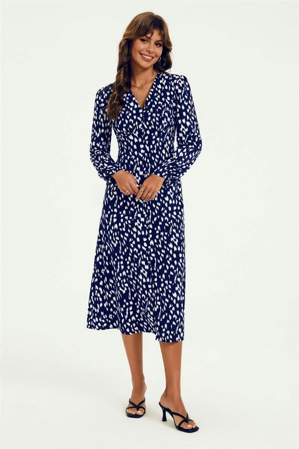 FS Collection Brushstroke Print Long Sleeve Button Front Midi Dress In Navy