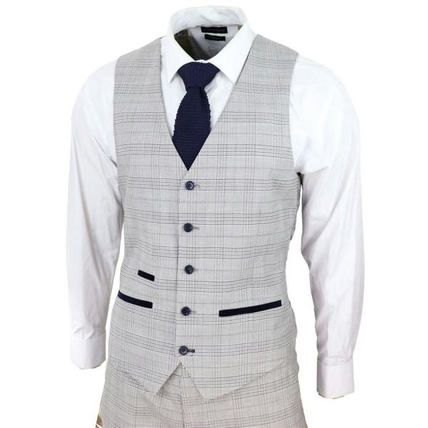 Paul Andrew Mens Grey 3 Piece Tan Brown Check Tailored Fit Suit