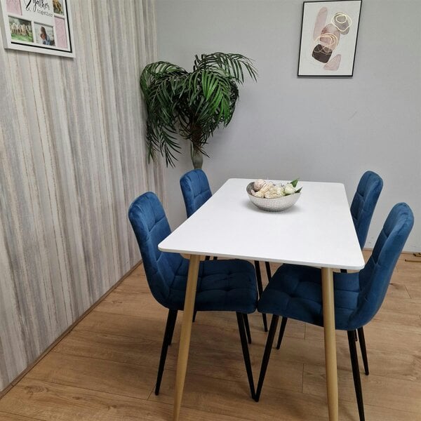 Kosy Koala Wooden Dining Table Set for 4 White Wooden Table and 4 Blue Velvet Chairs
