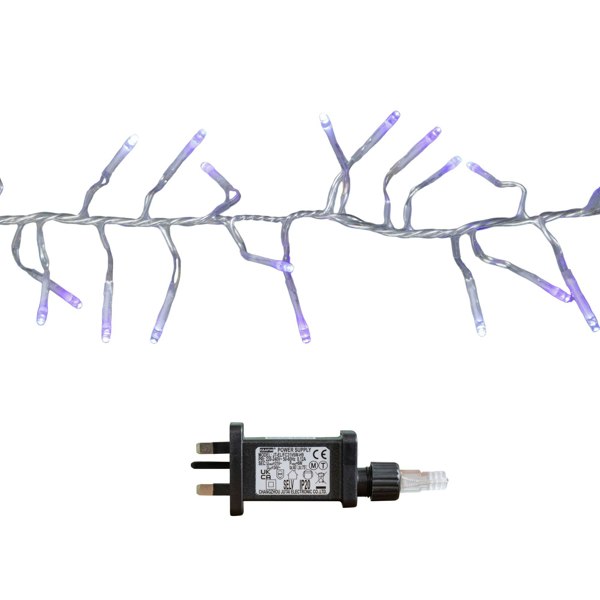 Samuel Alexander 9.3m 720 LED Christmas Cluster String Lights with Timer in Blue, Purple & White on Clear Cable