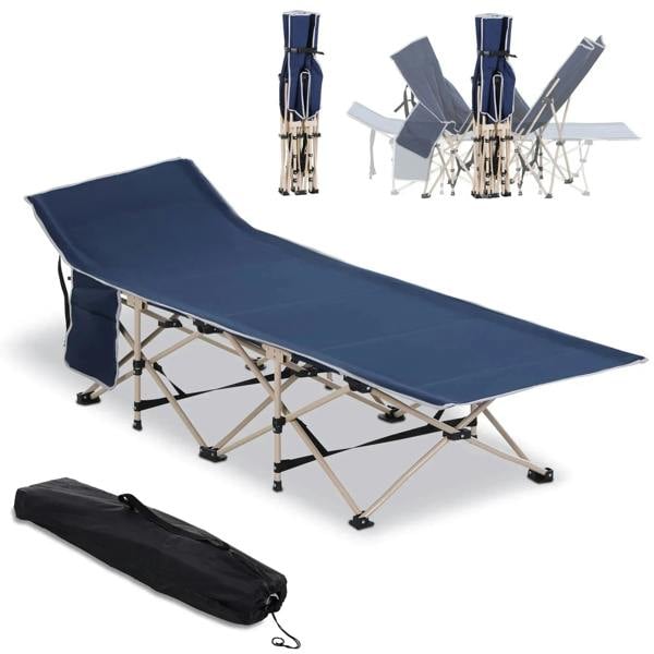 Blue single-person folding camping cot with navy fabric top, steel frame, and carry bag