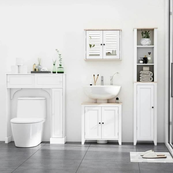 Bathroom wall decor: white mirror cabinet with double doors, wooden trim top, open shelves