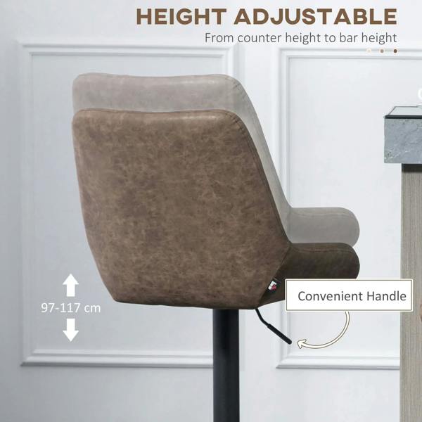 Brown faux leather height-adjustable bar stool with diamond quilting and curved cushioned seat