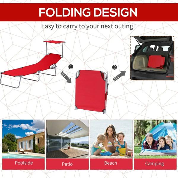Red folding sun lounger with carry-fold design and protective cover panel