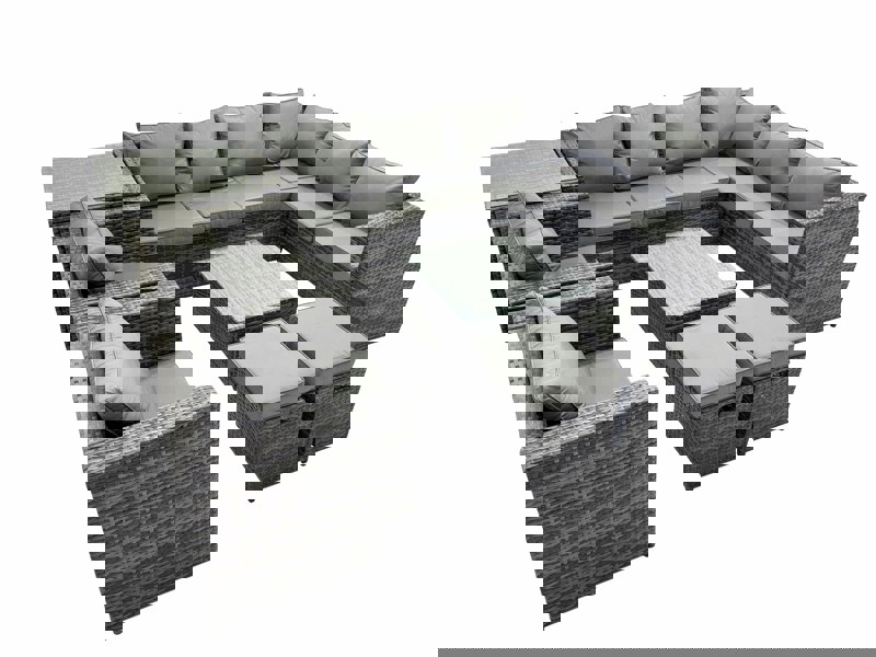 Fimous Outdoor PE Rattan Garden Furniture Sofa Set with Square Coffee Table 2 Small Stools 2 Chair Side Table Dark Grey