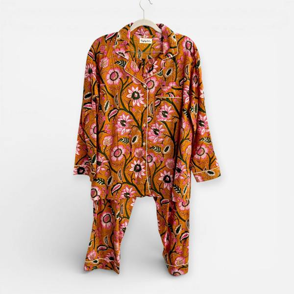 Hayley & Co Mustard Yellow Block Print Floral 100% Cotton Long Pyjama Set