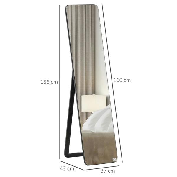 Tall black full-body mirror with stand, rounded corners, thin frame