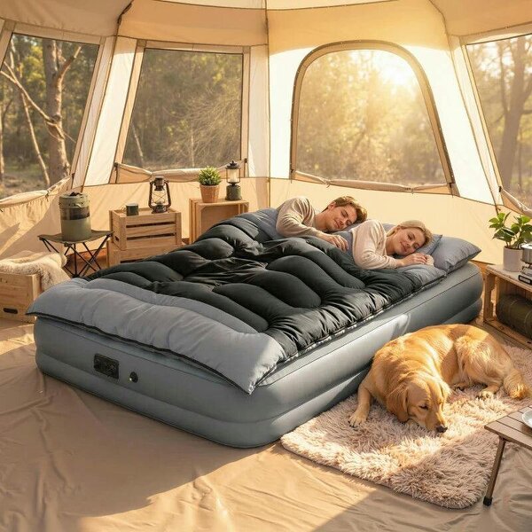 Double Sleeping Bag with 2 Pillows, 220 x 160 cm Extra-Large Sleeping Bag for Adults, Black and Grey - Black and Grey