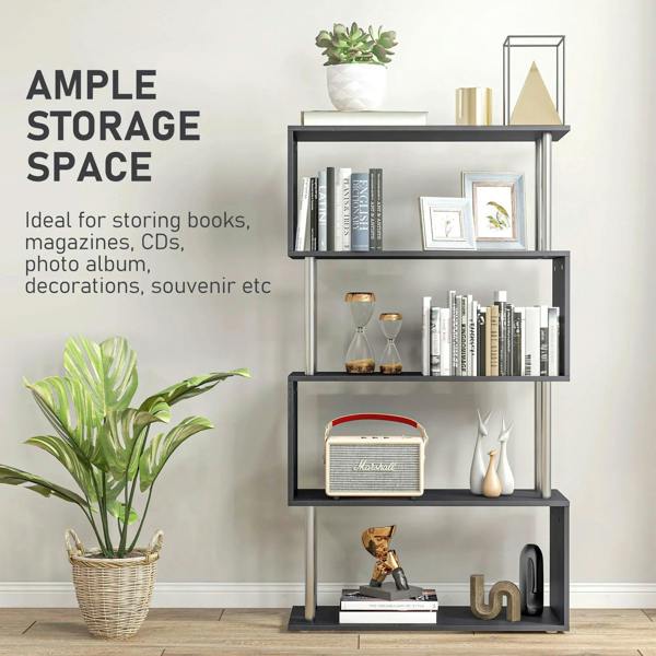 Black S-shaped 5-tier bookcase with open shelves and metal frame for home storage.