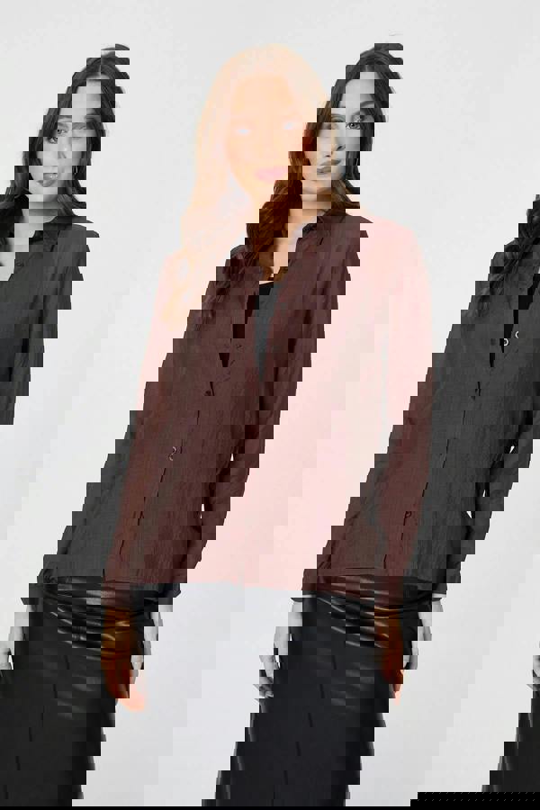 Burgundy | Long Sleeve Button Front Shirt : Model is 5'9"/175 cm and wears UK8/EU36/US4/AUS8