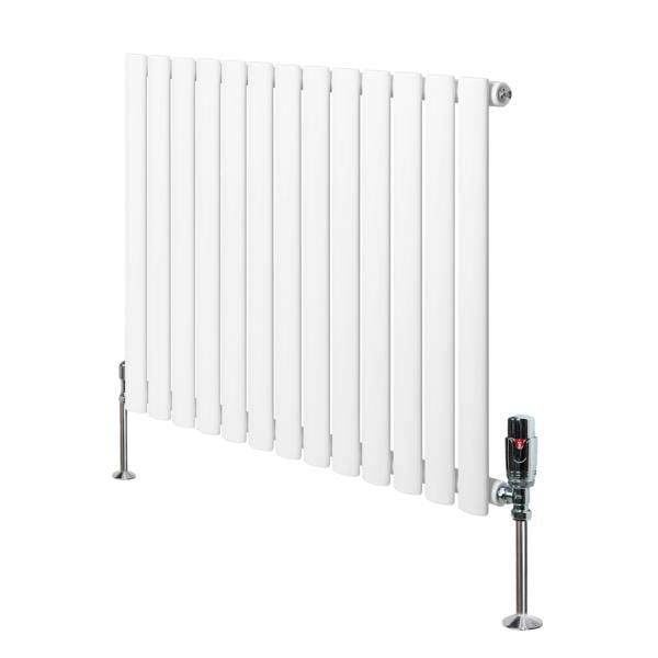 Oval single column radiator in white, measuring 600mm x 780mm, featuring sleek vertical panels and stylish valves for modern heating solutions