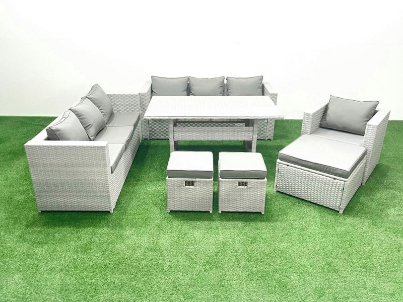 Fimous 7 Pieces Outdoor Rattan Sofa Set with Cushions Patio Garden Furniture Sets with Armchair Dining Table 3 Footstools