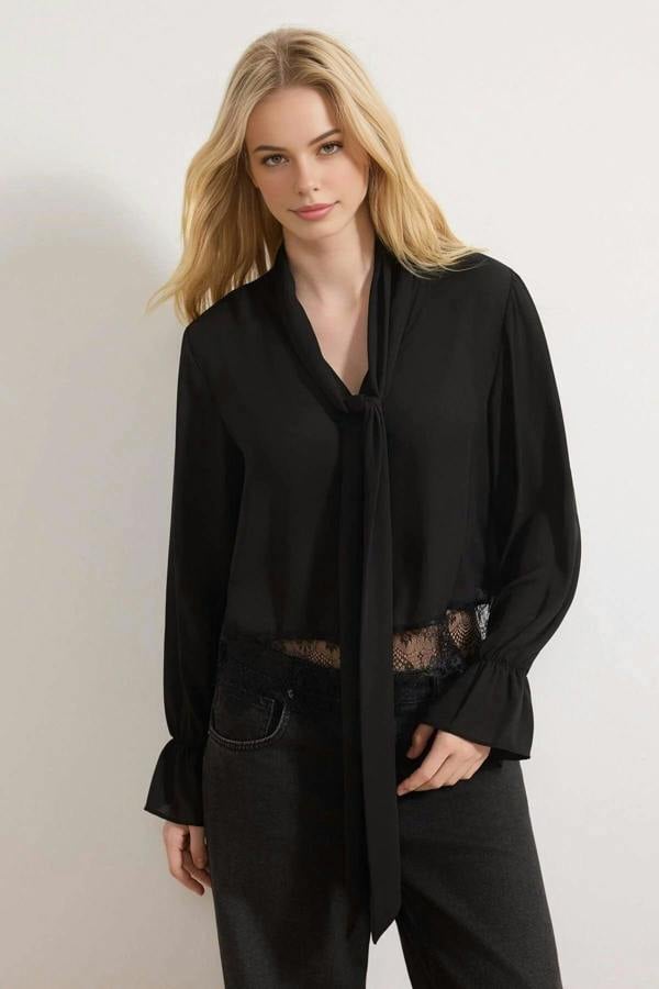 WOVCOR Scarf Neck Lace Detail Long Sleeve Woven Blouse