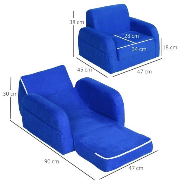 Blue kids sofa bed with curved armrests and padded seat, folded-out lounge