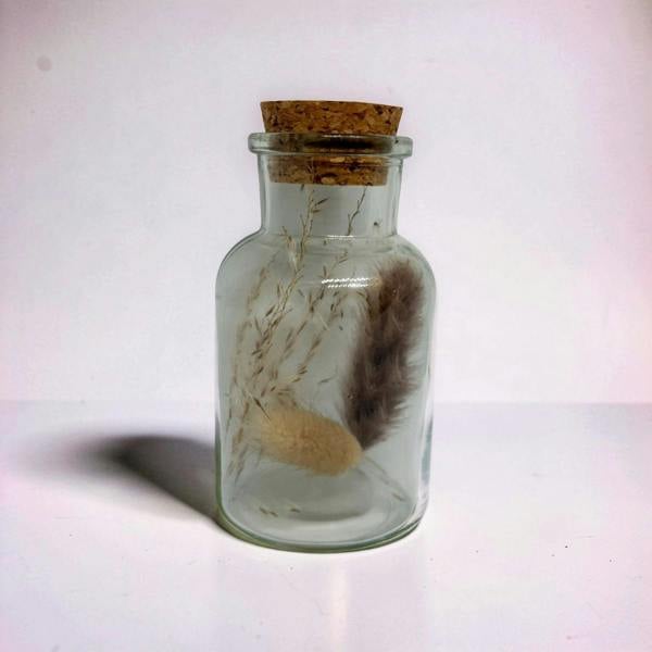 Glass jar with cork lid containing feathers on a white background