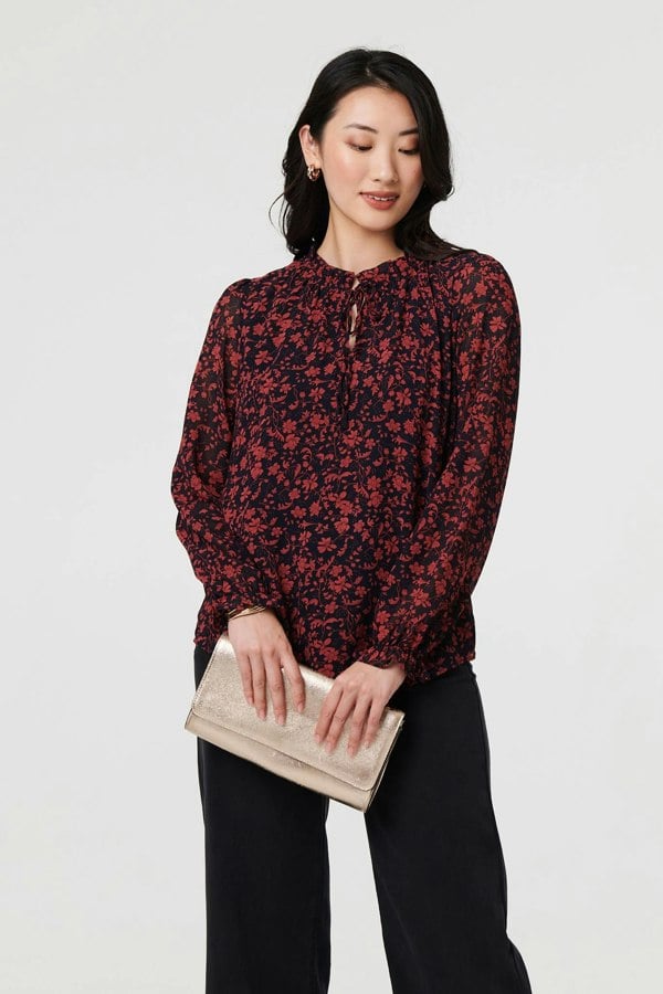 Navy | Printed Frilled Tie Neck Blouse
