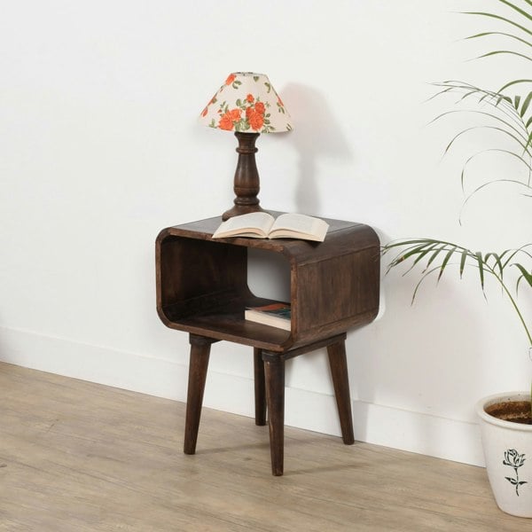 IH Design Winnie Dark Mango Wood Bedside Open Curve Edges Table