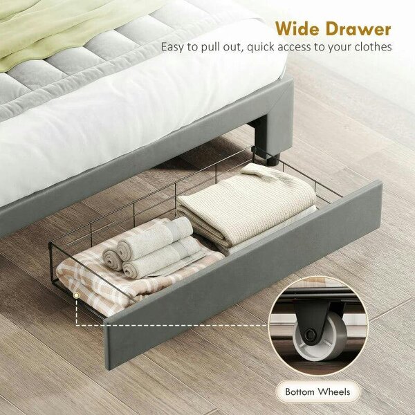 PU Leather King Size Ottoman Bed Frame, with Front Drawer - Grey