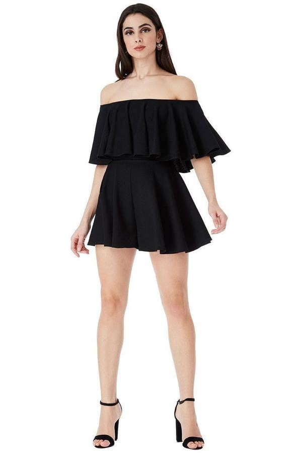 Off The Shoulder Frill Neck Skater Playsuit - Black TR30B