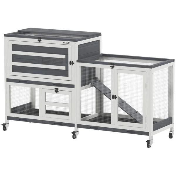 Grey two-level wooden rabbit hutch with attached run, wire doors, and rolling wheels