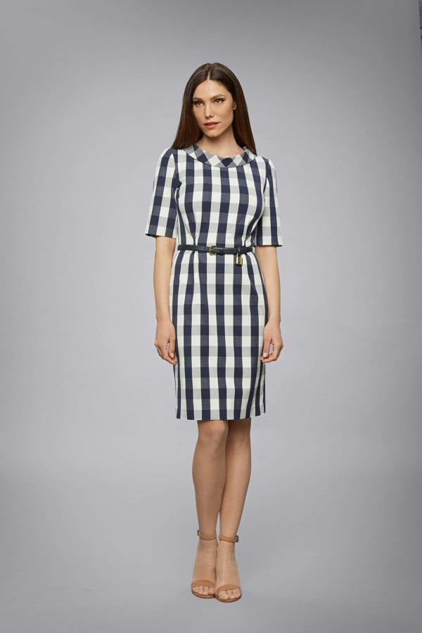 Rumour London Juliette navy stretch-cotton gingham dress with raised collar