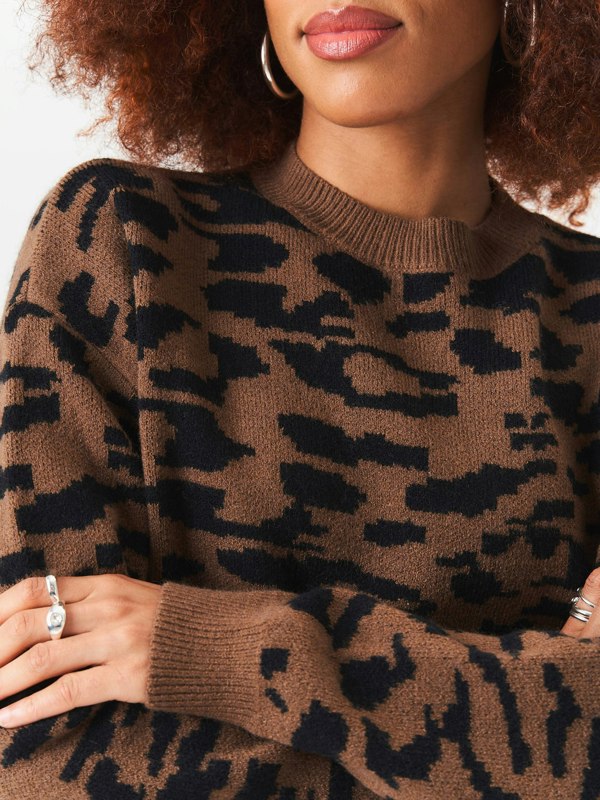 Gini London Chocolate Animal Print Crew Neck Knit Jumper
